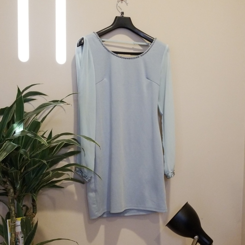 Baby blue/agua body hugger dress, sheer sleeves